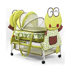 Babyhug Froggy Print Cradle with Mosquito Net and Swing Lock function - Green| Storage Basket| Wheels with Lock| Easy Assembly