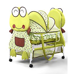 Babyhug Froggy Print Cradle with Mosquito Net and Swing Lock function - Green| Storage Basket| Wheels with Lock| Easy Assembly