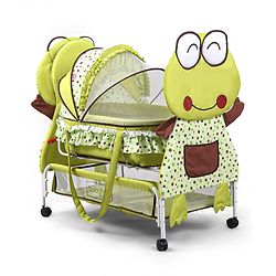 Babyhug Froggy Print Cradle with Mosquito Net and Swing Lock function - Green| Storage Basket| Wheels with Lock| Easy Assembly