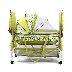 Babyhug Froggy Print Cradle with Mosquito Net and Swing Lock function - Green| Storage Basket| Wheels with Lock| Easy Assembly
