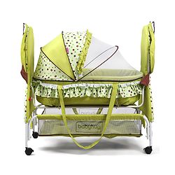 Babyhug Froggy Print Cradle with Mosquito Net and Swing Lock function - Green| Storage Basket| Wheels with Lock| Easy Assembly