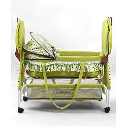 Babyhug Froggy Print Cradle with Mosquito Net and Swing Lock function - Green| Storage Basket| Wheels with Lock| Easy Assembly