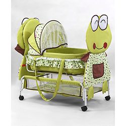 Babyhug Froggy Print Cradle with Mosquito Net and Swing Lock function - Green| Storage Basket| Wheels with Lock| Easy Assembly