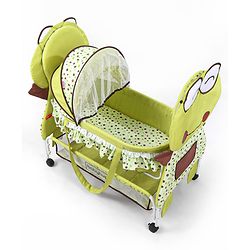 Babyhug Froggy Print Cradle with Mosquito Net and Swing Lock function - Green| Storage Basket| Wheels with Lock| Easy Assembly
