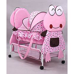 Babyhug Froggy Print Cradle with Mosquito Net and Swing Lock function - Green| Storage Basket| Wheels with Lock| Easy Assembly