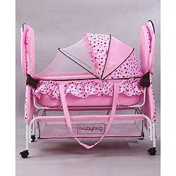 Babyhug Froggy Print Cradle with Mosquito Net and Swing Lock function - Green| Storage Basket| Wheels with Lock| Easy Assembly