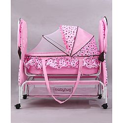 Babyhug Froggy Print Cradle with Mosquito Net and Swing Lock function - Green| Storage Basket| Wheels with Lock| Easy Assembly