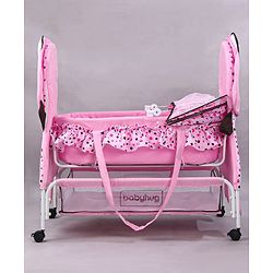 Babyhug Froggy Print Cradle with Mosquito Net and Swing Lock function - Green| Storage Basket| Wheels with Lock| Easy Assembly