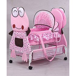 Babyhug Froggy Print Cradle with Mosquito Net and Swing Lock function - Green| Storage Basket| Wheels with Lock| Easy Assembly
