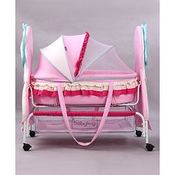 Babyhug Lion Print 2 in 1 Cradle cum bassinet with Mosquito Net and Swing Lock function - Pink