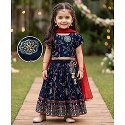 Babyhug Velvet Woven Short Sleeves Floral Embroidered & Sequinned Choli Lahenga Set with Dupatta - Navy Blue