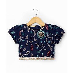Babyhug Velvet Woven Short Sleeves Floral Embroidered & Sequinned Choli Lahenga Set with Dupatta - Navy Blue