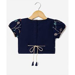 Babyhug Velvet Woven Short Sleeves Floral Embroidered & Sequinned Choli Lahenga Set with Dupatta - Navy Blue