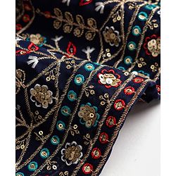 Babyhug Velvet Woven Short Sleeves Floral Embroidered & Sequinned Choli Lahenga Set with Dupatta - Navy Blue