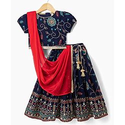 Babyhug Velvet Woven Short Sleeves Floral Embroidered & Sequinned Choli Lahenga Set with Dupatta - Navy Blue
