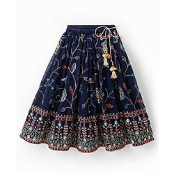 Babyhug Velvet Woven Short Sleeves Floral Embroidered & Sequinned Choli Lahenga Set with Dupatta - Navy Blue