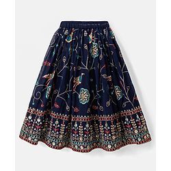 Babyhug Velvet Woven Short Sleeves Floral Embroidered & Sequinned Choli Lahenga Set with Dupatta - Navy Blue