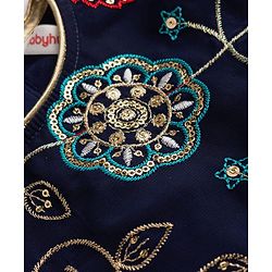 Babyhug Velvet Woven Short Sleeves Floral Embroidered & Sequinned Choli Lahenga Set with Dupatta - Navy Blue