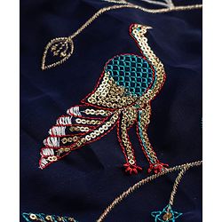 Babyhug Velvet Woven Short Sleeves Floral Embroidered & Sequinned Choli Lahenga Set with Dupatta - Navy Blue