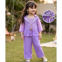 Babyhug Organza Woven Embroidered Top and Palazo with Three Fourth Sleeves Jacket - Lavender