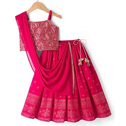 Babyhug Georgette Woven Sleeveless Floral Sequinned & Foil Printed Lehenga Choli Set With Dupatta - Fuchsia