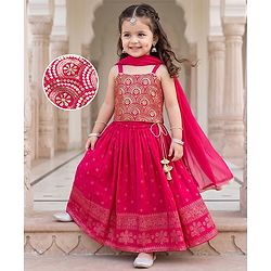 Babyhug Georgette Woven Sleeveless Floral Sequinned & Foil Printed Lehenga Choli Set With Dupatta - Fuchsia