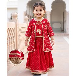 Babyhug Georgette Woven Smocked Choli Lehenga Set with Three Fourth Sleeves Embroidered Jacket - Red