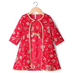 Babyhug Georgette Woven Smocked Choli Lehenga Set with Three Fourth Sleeves Embroidered Jacket - Red