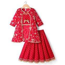 Babyhug Georgette Woven Smocked Choli Lehenga Set with Three Fourth Sleeves Embroidered Jacket - Red