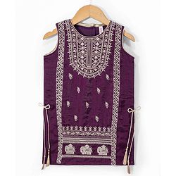 Babyhug Woven Sleeveless Floral & Elephant Embroidered Long Choli Lahenga Set with Dupatta - Wine