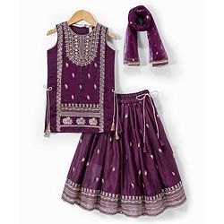 Babyhug Woven Sleeveless Floral & Elephant Embroidered Long Choli Lahenga Set with Dupatta - Wine