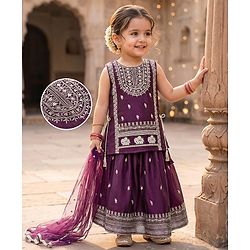 Babyhug Woven Sleeveless Floral & Elephant Embroidered Long Choli Lahenga Set with Dupatta - Wine