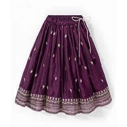 Babyhug Woven Sleeveless Floral & Elephant Embroidered Long Choli Lahenga Set with Dupatta - Wine