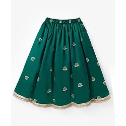 Babyhug 100% Cotton Woven Three Fourth Sleeves Chinnon Floral Embroidered & Sequin Detailing Lehenga Choli With Jacket Set - Green