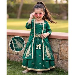 Babyhug 100% Cotton Woven Three Fourth Sleeves Chinnon Floral Embroidered & Sequin Detailing Lehenga Choli With Jacket Set - Green