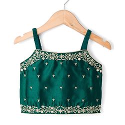 Babyhug 100% Cotton Woven Three Fourth Sleeves Chinnon Floral Embroidered & Sequin Detailing Lehenga Choli With Jacket Set - Green