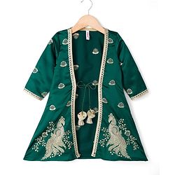 Babyhug 100% Cotton Woven Three Fourth Sleeves Chinnon Floral Embroidered & Sequin Detailing Lehenga Choli With Jacket Set - Green