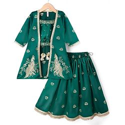 Babyhug 100% Cotton Woven Three Fourth Sleeves Chinnon Floral Embroidered & Sequin Detailing Lehenga Choli With Jacket Set - Green
