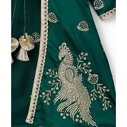 Babyhug 100% Cotton Woven Three Fourth Sleeves Chinnon Floral Embroidered & Sequin Detailing Lehenga Choli With Jacket Set - Green