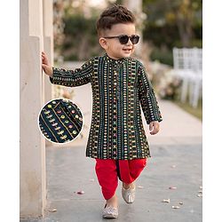 Babyhug Georgette Woven Floral Embroidery Full Sleeves Kurta Dhoti Set - Navy & Red