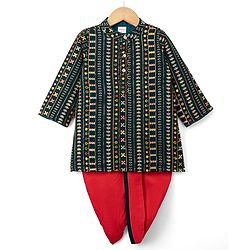 Babyhug Georgette Woven Floral Embroidery Full Sleeves Kurta Dhoti Set - Navy & Red
