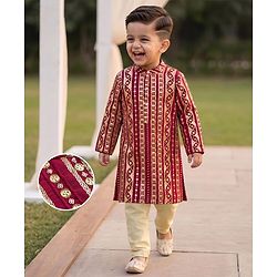 Babyhug Georgette Woven Full Sleeves Embroidered & Sequinned Kurta Pajama Set - Dark Red