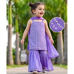 Babyhug Georgett Woven Sleeveless Sequinned Kurta Gharara Set With Dupatta - Purple