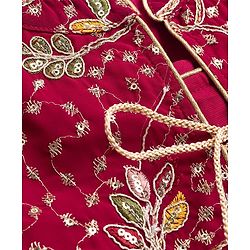 Babyhug Net Woven Half Sleeves Tired Ethnic Dress with Sequinned & Floral Embroidered Jacket - Dark Red