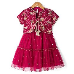 Babyhug Net Woven Half Sleeves Tired Ethnic Dress with Sequinned & Floral Embroidered Jacket - Dark Red