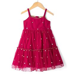 Babyhug Net Woven Half Sleeves Tired Ethnic Dress with Sequinned & Floral Embroidered Jacket - Dark Red