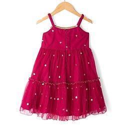 Babyhug Net Woven Half Sleeves Tired Ethnic Dress with Sequinned & Floral Embroidered Jacket - Dark Red