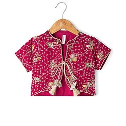 Babyhug Net Woven Half Sleeves Tired Ethnic Dress with Sequinned & Floral Embroidered Jacket - Dark Red