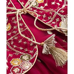 Babyhug Net Woven Half Sleeves Tired Ethnic Dress with Sequinned & Floral Embroidered Jacket - Dark Red