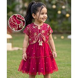 Babyhug Net Woven Half Sleeves Tired Ethnic Dress with Sequinned & Floral Embroidered Jacket - Dark Red